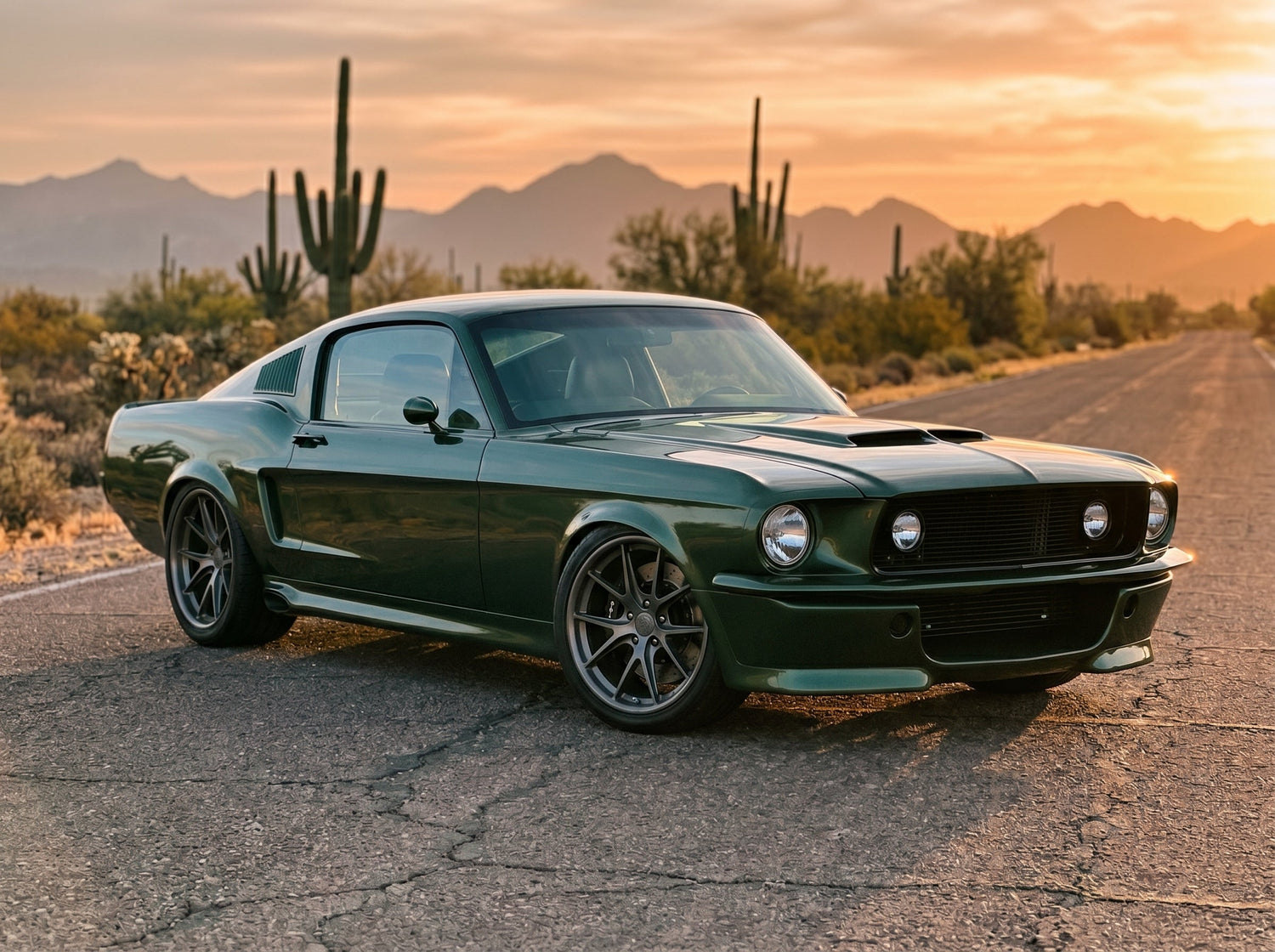 Slammed pro touring 1968 Ford Mustang fastback in Highland Green parked alone in a Phoenix parking lot at sunrise, featuring Fesler flush-mount DOT certified glass.