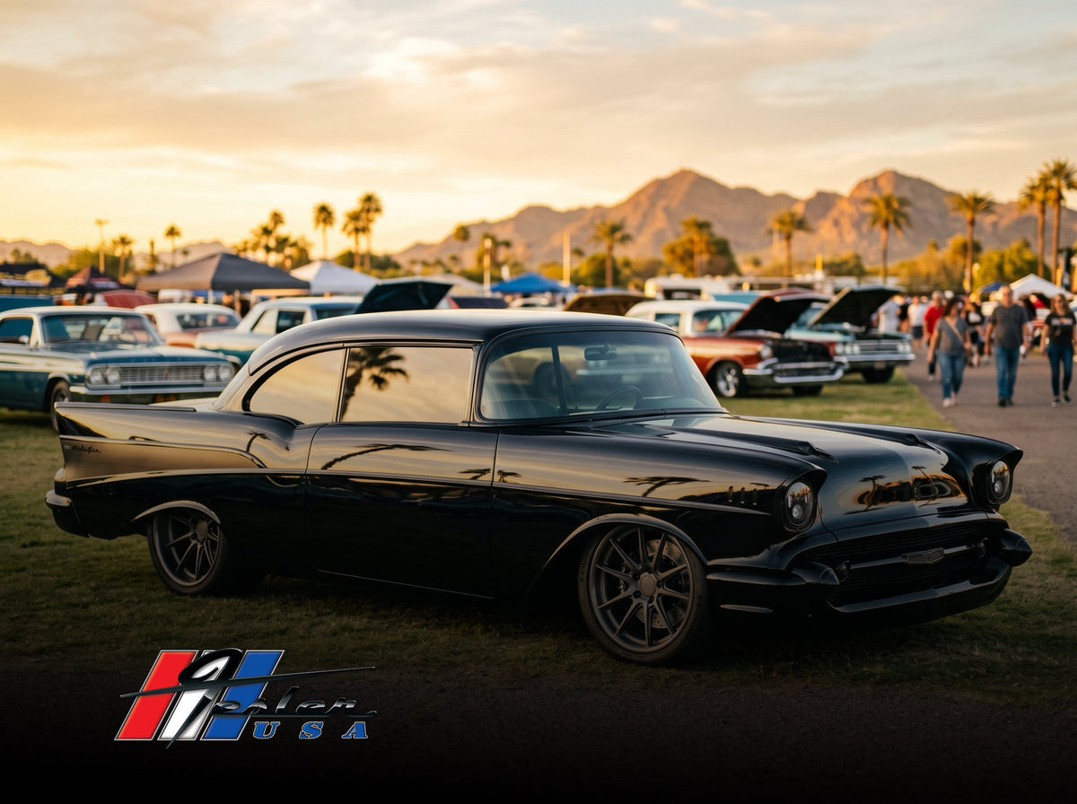 Pro-touring 1957 Chevrolet Bel Air on air ride at a Phoenix car show with the wraparound windshield catching golden-hour light