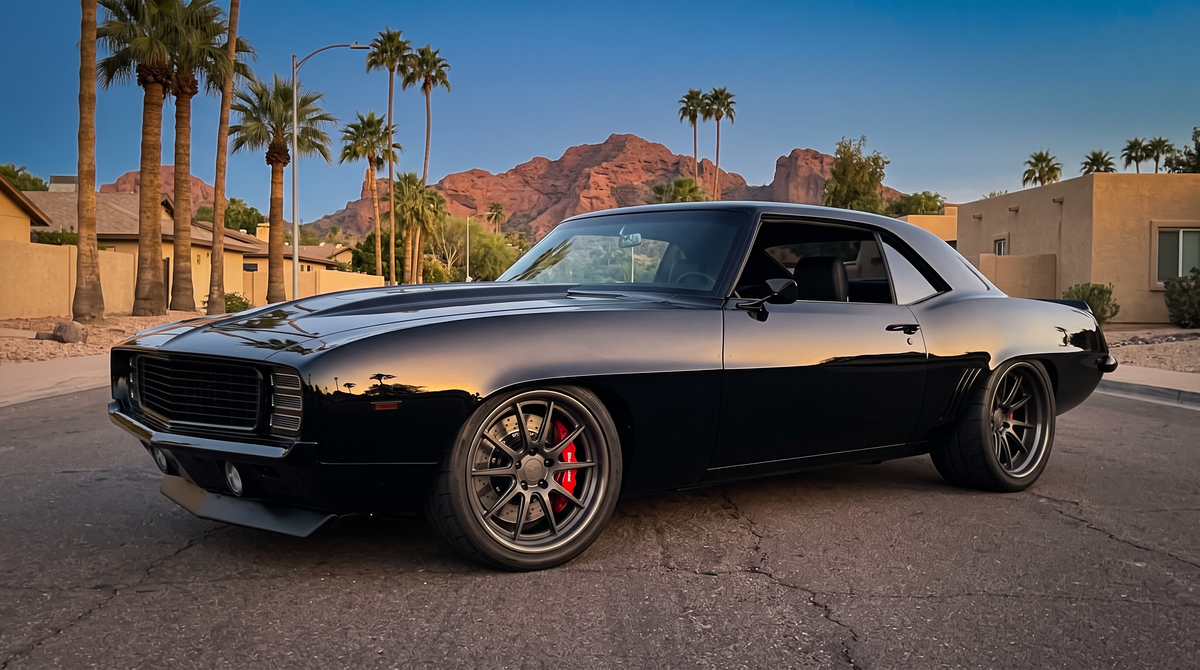 Black 1969 Camaro pro touring build with flush mount glass on a Phoenix street at dusk, Camelback Mountain behind