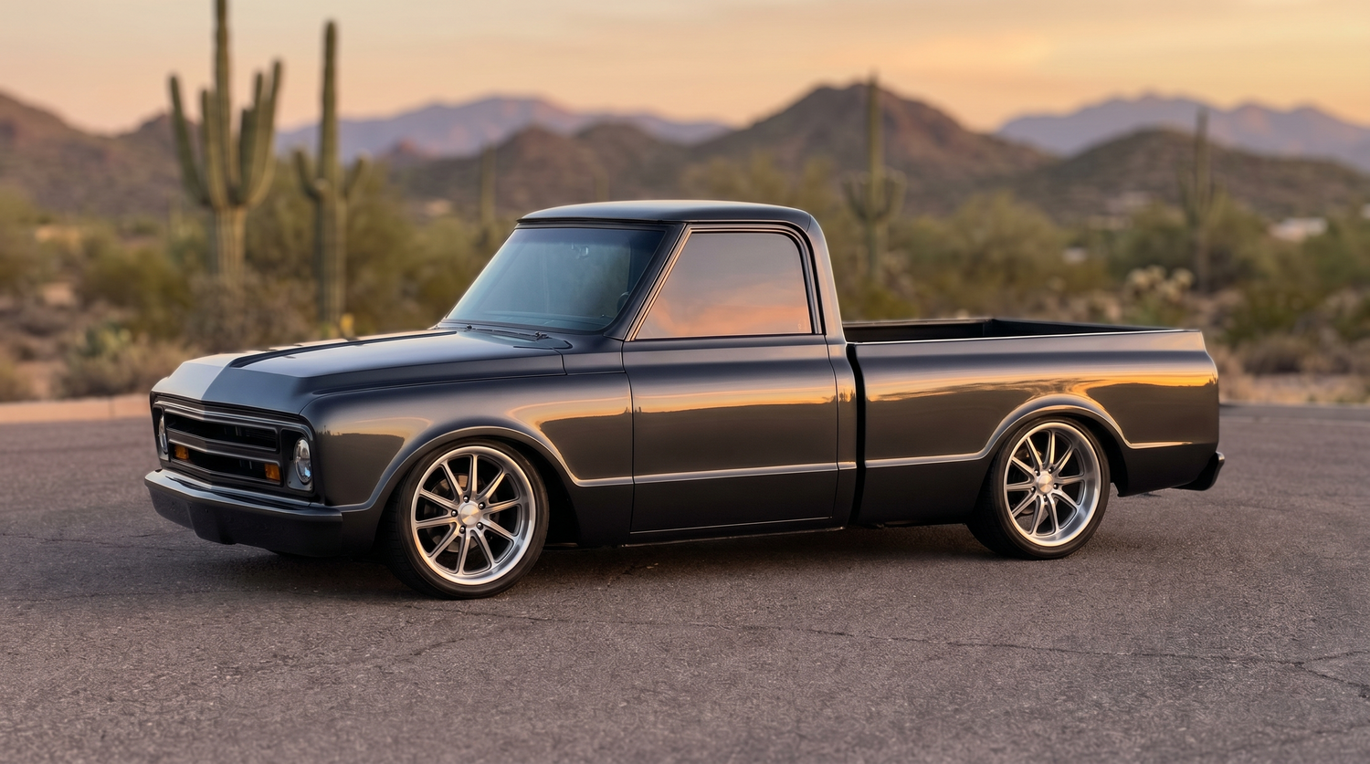 Lowered 1967 to 1972 Chevy C10 with one-piece door glass and shaved trim at a Phoenix desert overlook at golden hour