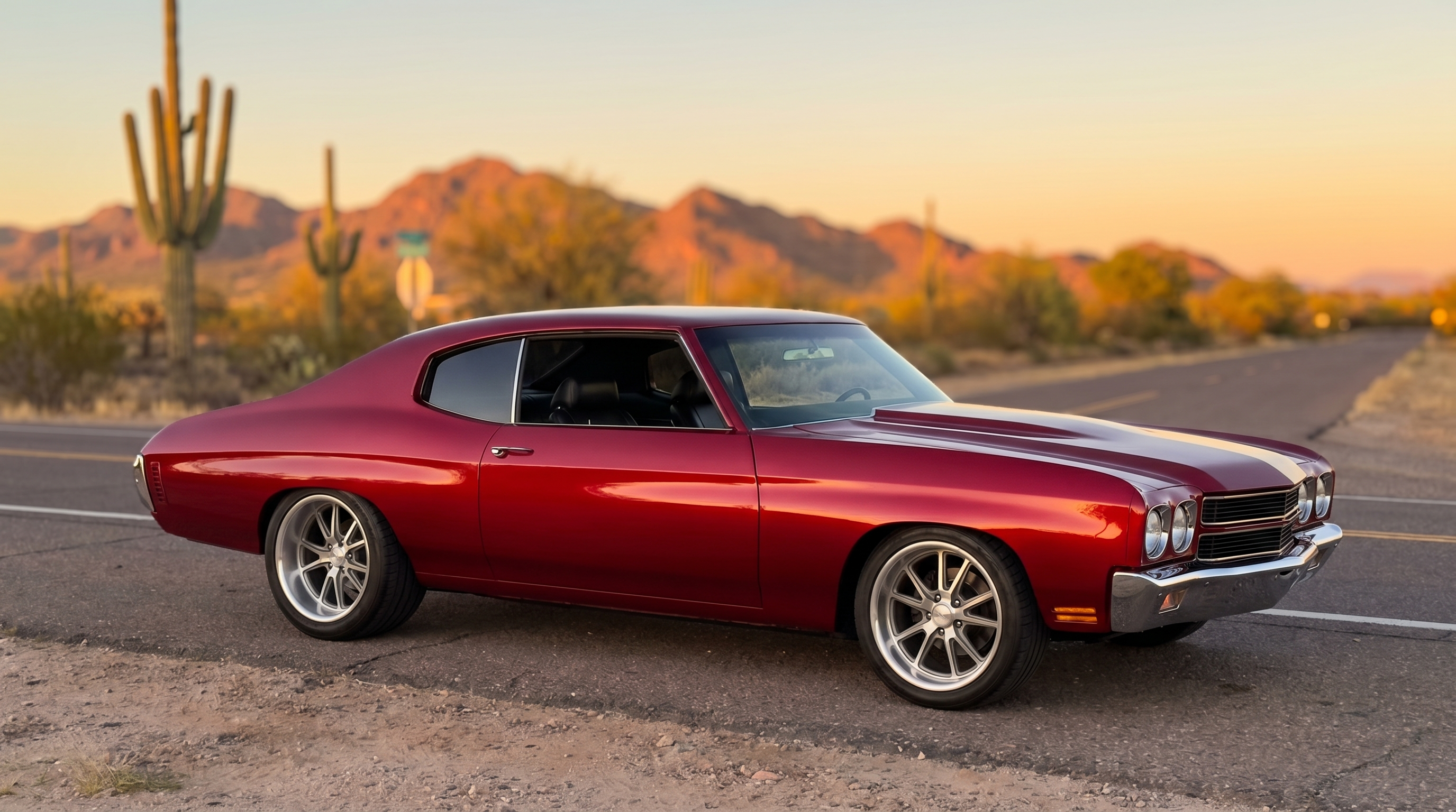 Pro-touring 1970 Chevelle with flush-mount glass on a desert road outside Phoenix at golden hour