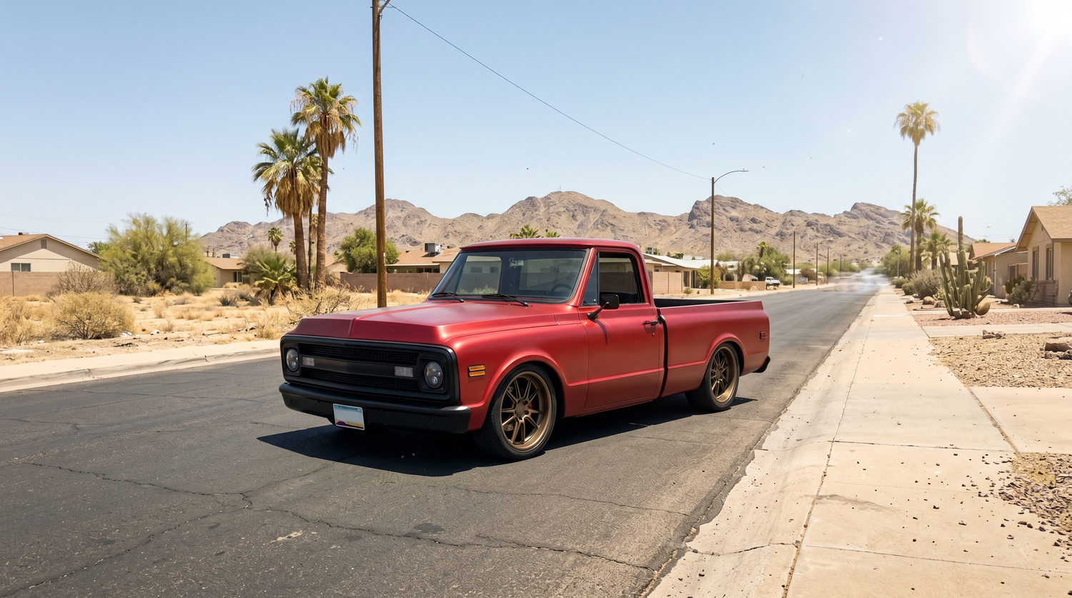 Lowered pro-touring classic truck parked on a sun-baked Phoenix street in harsh midday summer light with heat shimmer and desert mountains behind it