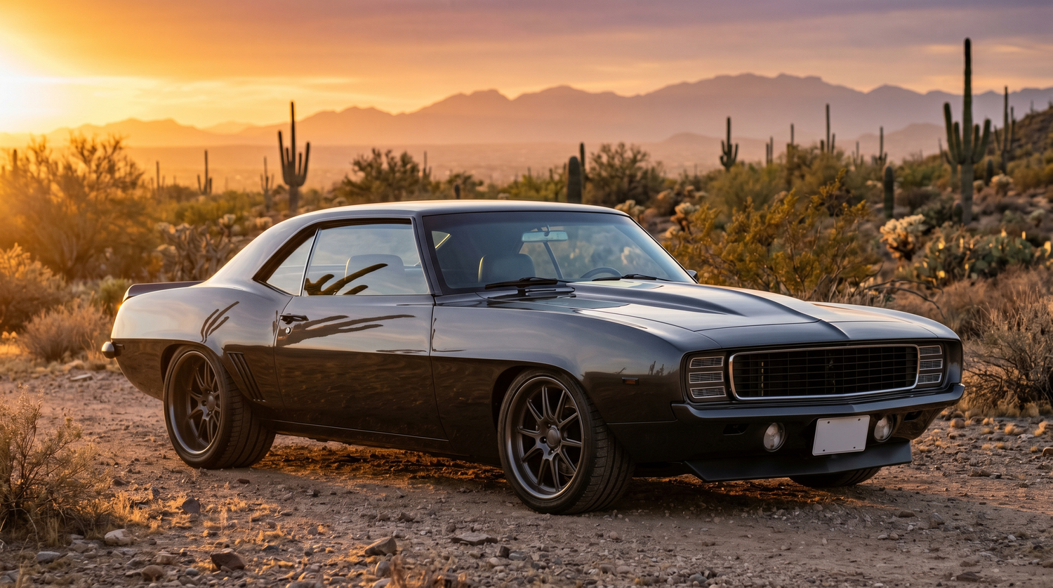 First-generation 1969 Camaro in pro-touring stance on forged wheels, three-quarter front angle catching a clean reflection across the flush-mounted windshield in warm Phoenix golden-hour light