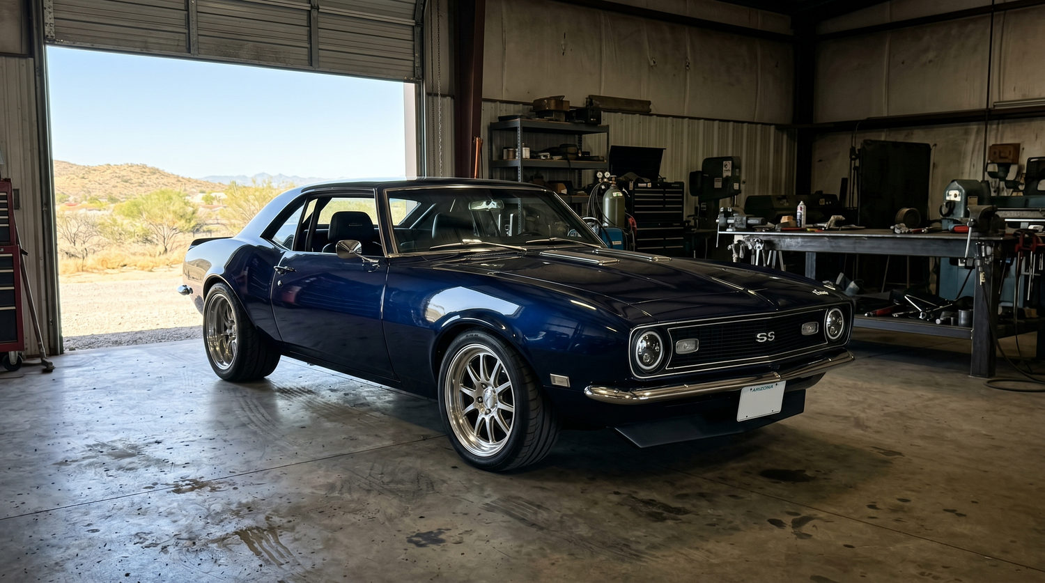 1969 first-generation Camaro restomod in pro-touring stance on forged wheels, parked in an open shop doorway with Phoenix daylight spilling across the body