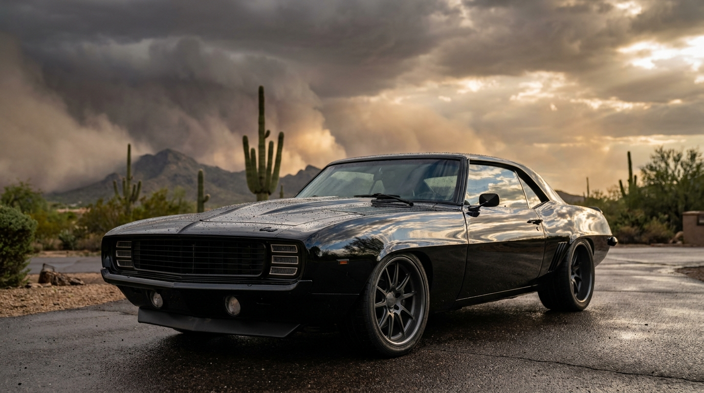Pro-touring 1969 Camaro parked in a Phoenix driveway as monsoon storm clouds roll in behind desert mountains