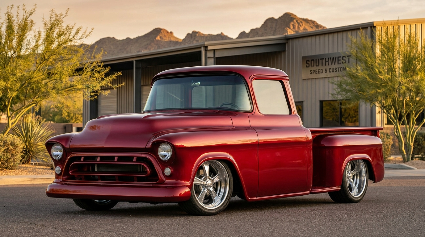 Candy red 1957 Chevy Task Force pickup with flush-mount wraparound windshield outside a Phoenix hot rod shop