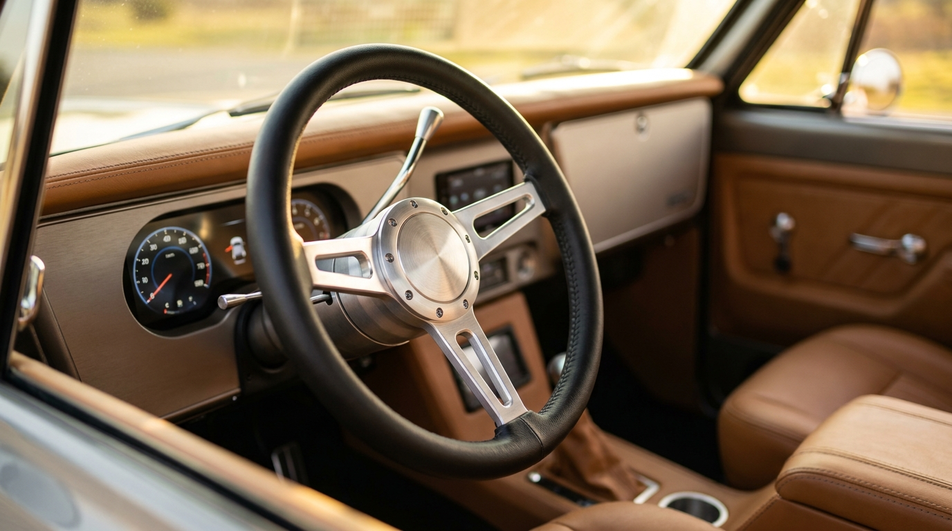 Billet aluminum steering wheel with leather rim in a custom pro-touring C10 interior with tan leather