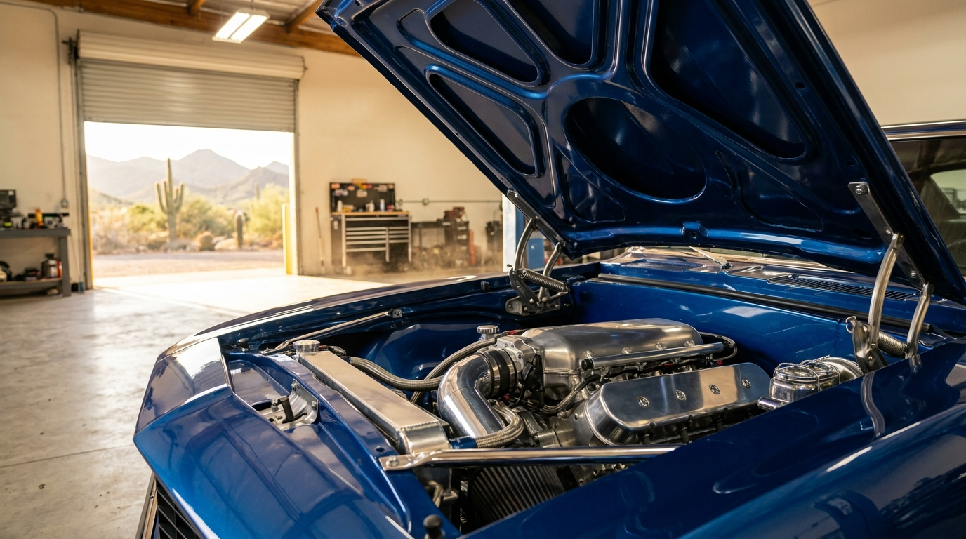LS engine swap in a smoothed engine bay of a pro-touring 1969 Camaro inside a Phoenix hot rod shop