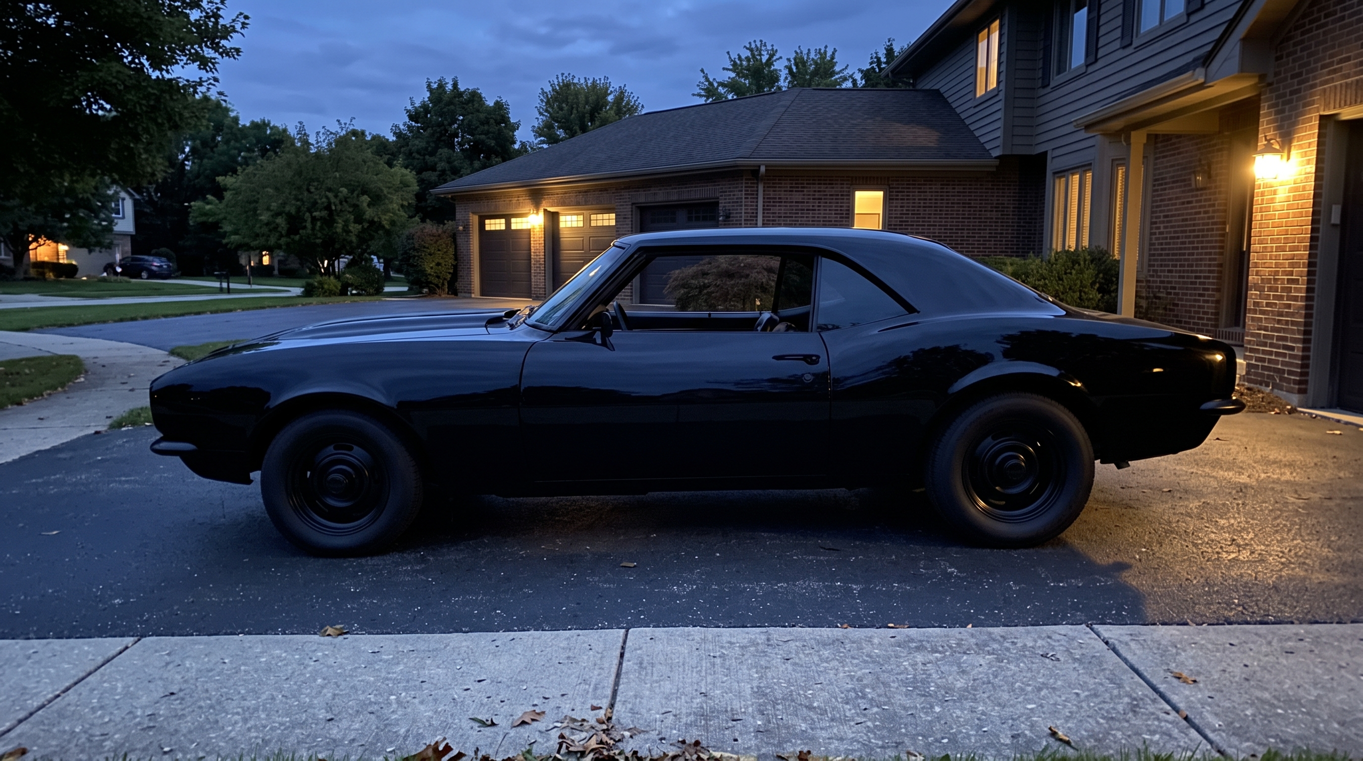 Black classic muscle car at dusk with the driver door glass halfway down showing one-piece frameless glass and no vent window