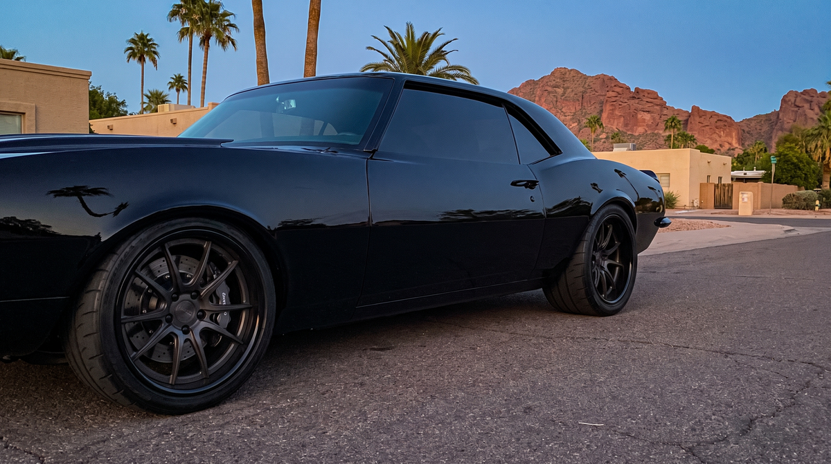 1968 Camaro pro touring build with one piece door glass and Fesler flush mount glass in Phoenix