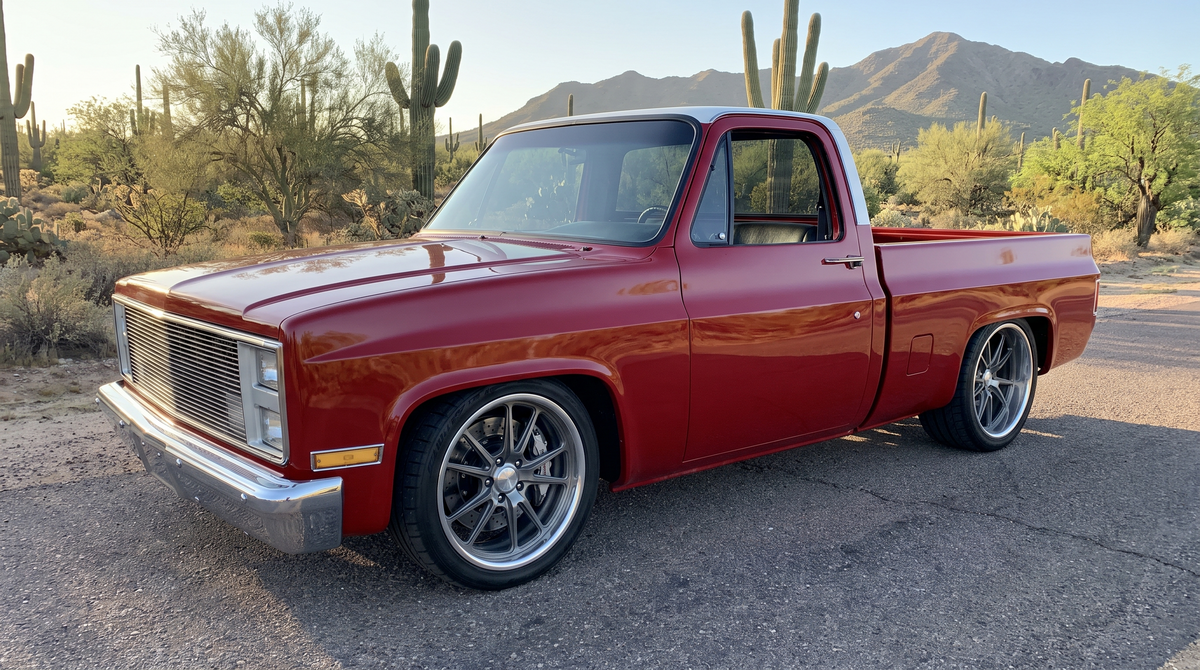 Chevrolet Squarebody C10 pro touring build with chrome bumper and Fesler flush mount glass in the Sonoran Desert