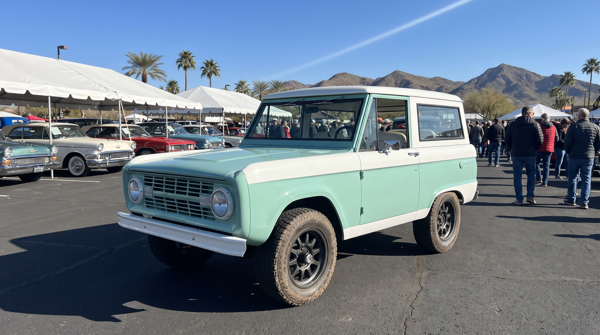 Green and white first-gen Ford Bronco restomod with flush glass at an outdoor Scottsdale car event in winter sun