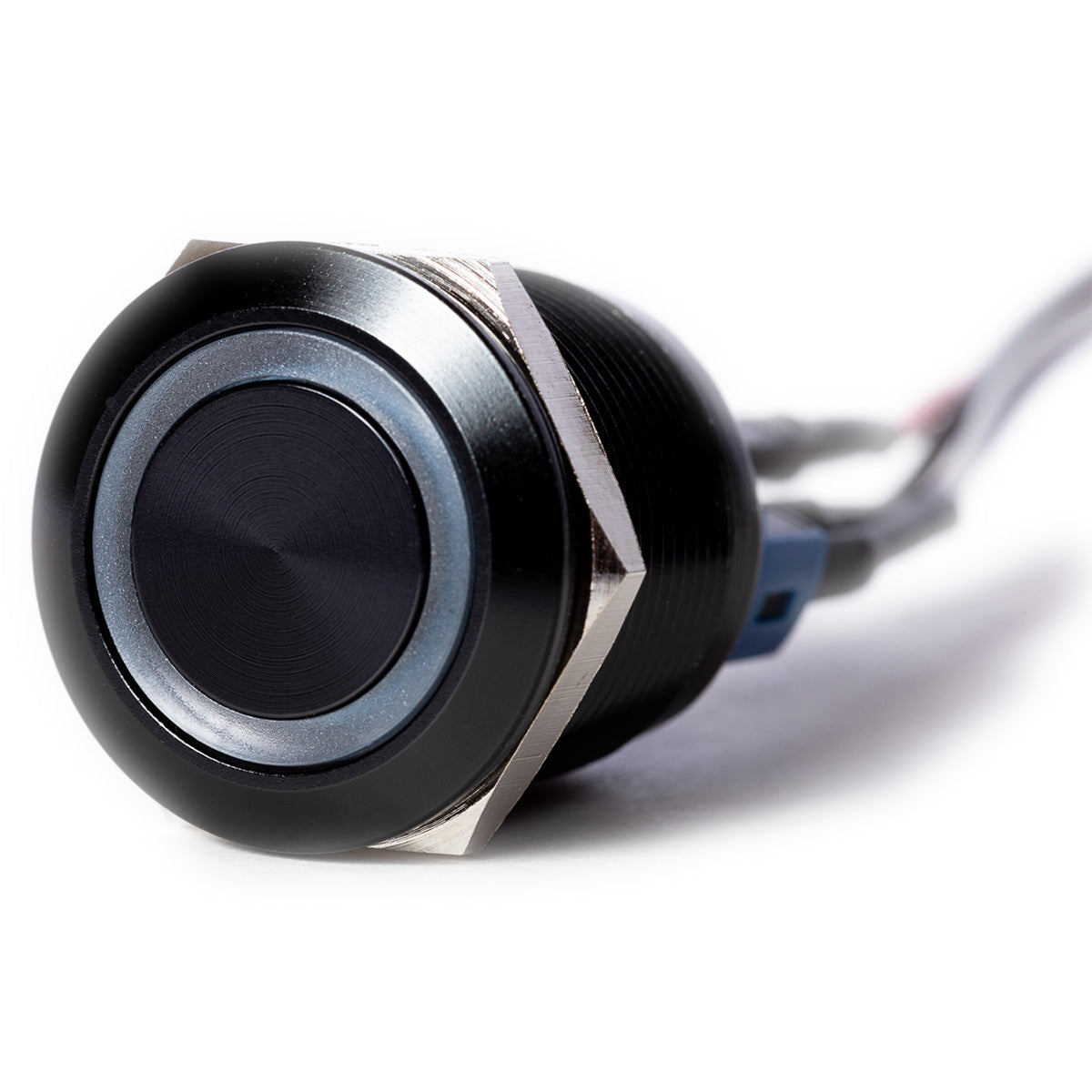 E-Stopp 22 mm black billet push button with blue LED
