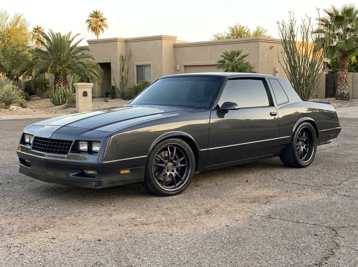 1986 Chevrolet Monte Carlo SS with flush-mount windshield and back glass, trim delete, pro touring build in Phoenix Arizona