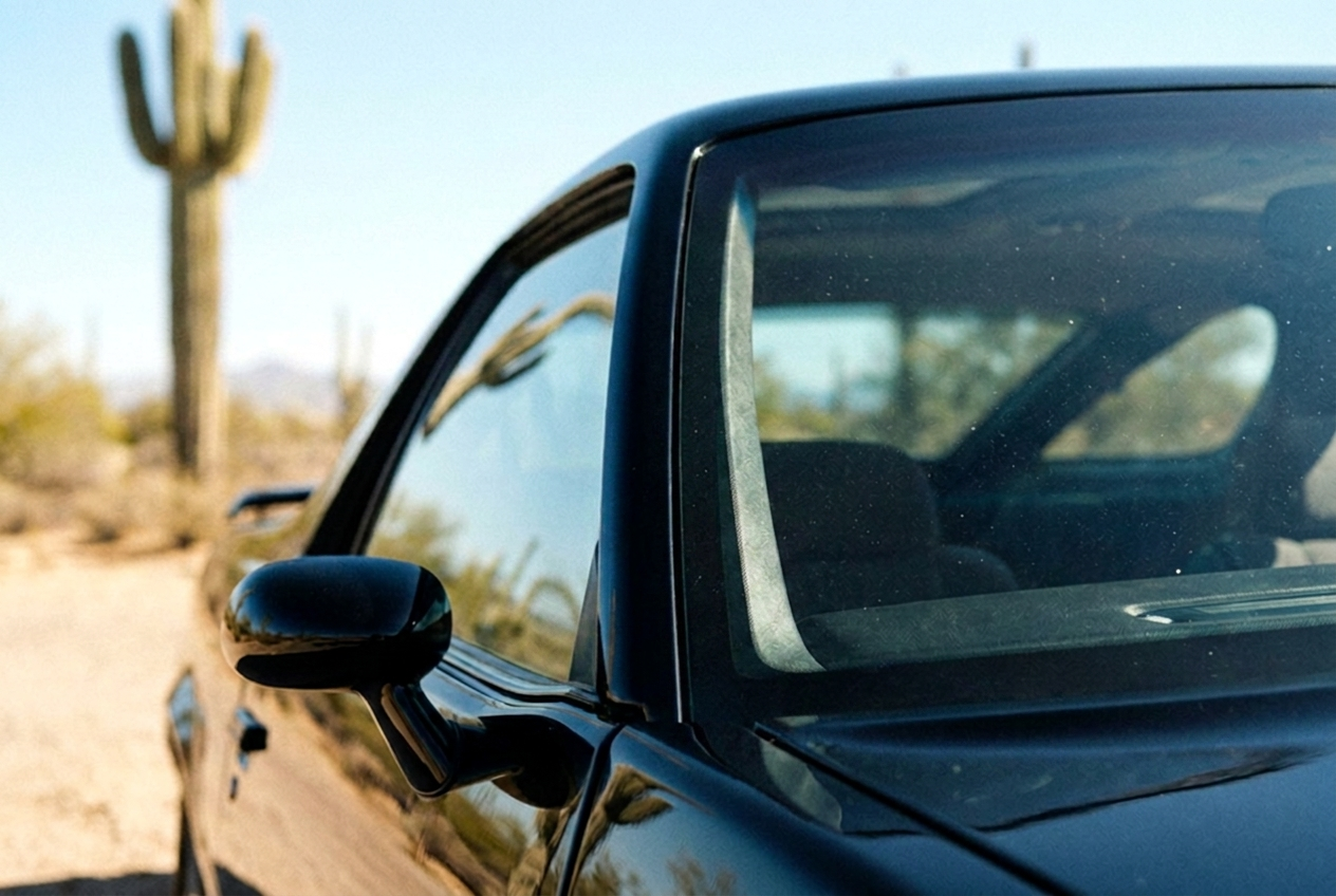 Close-up of a G-body windshield edge with Fesler flush-mount glass bonded directly to the body, paint meeting glass in one smooth seam