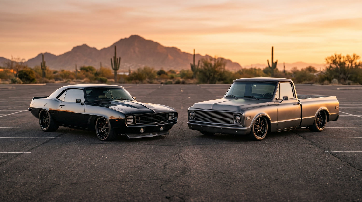 Slammed pro touring 1969 Chevrolet Camaro and 1969 Chevrolet C10 parked side by side in a Phoenix parking lot at sunrise, both featuring Fesler flush-mount DOT certified glass.
