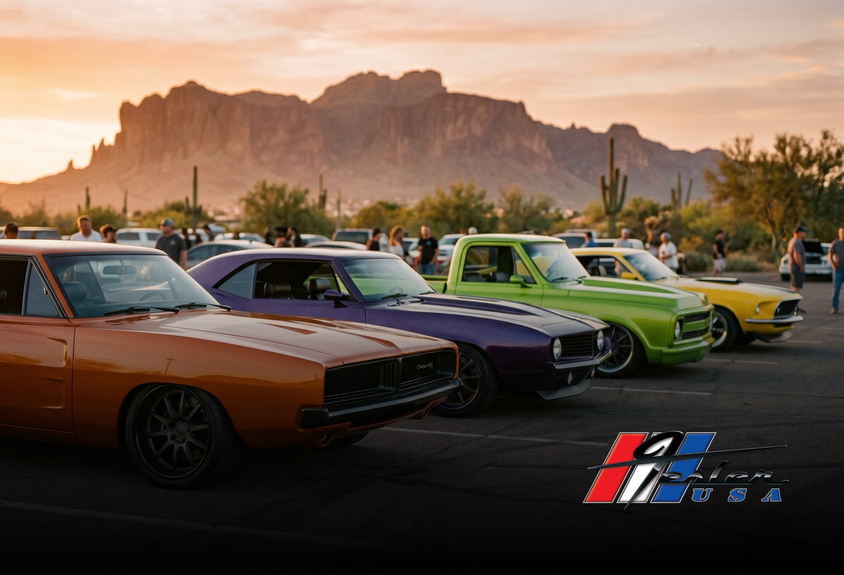 Pro-touring classic muscle cars in high-impact colors at a Phoenix car meet