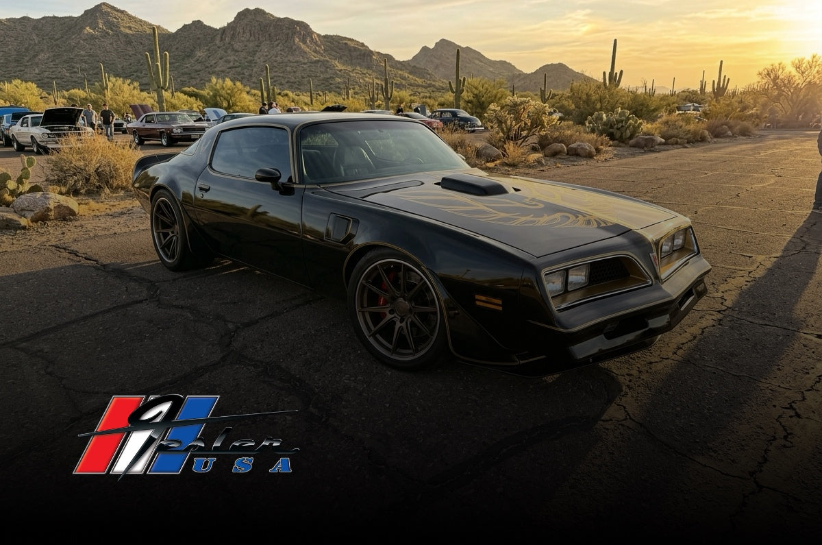 Black and gold Pontiac Trans Am on a desert road outside Phoenix, Arizona
