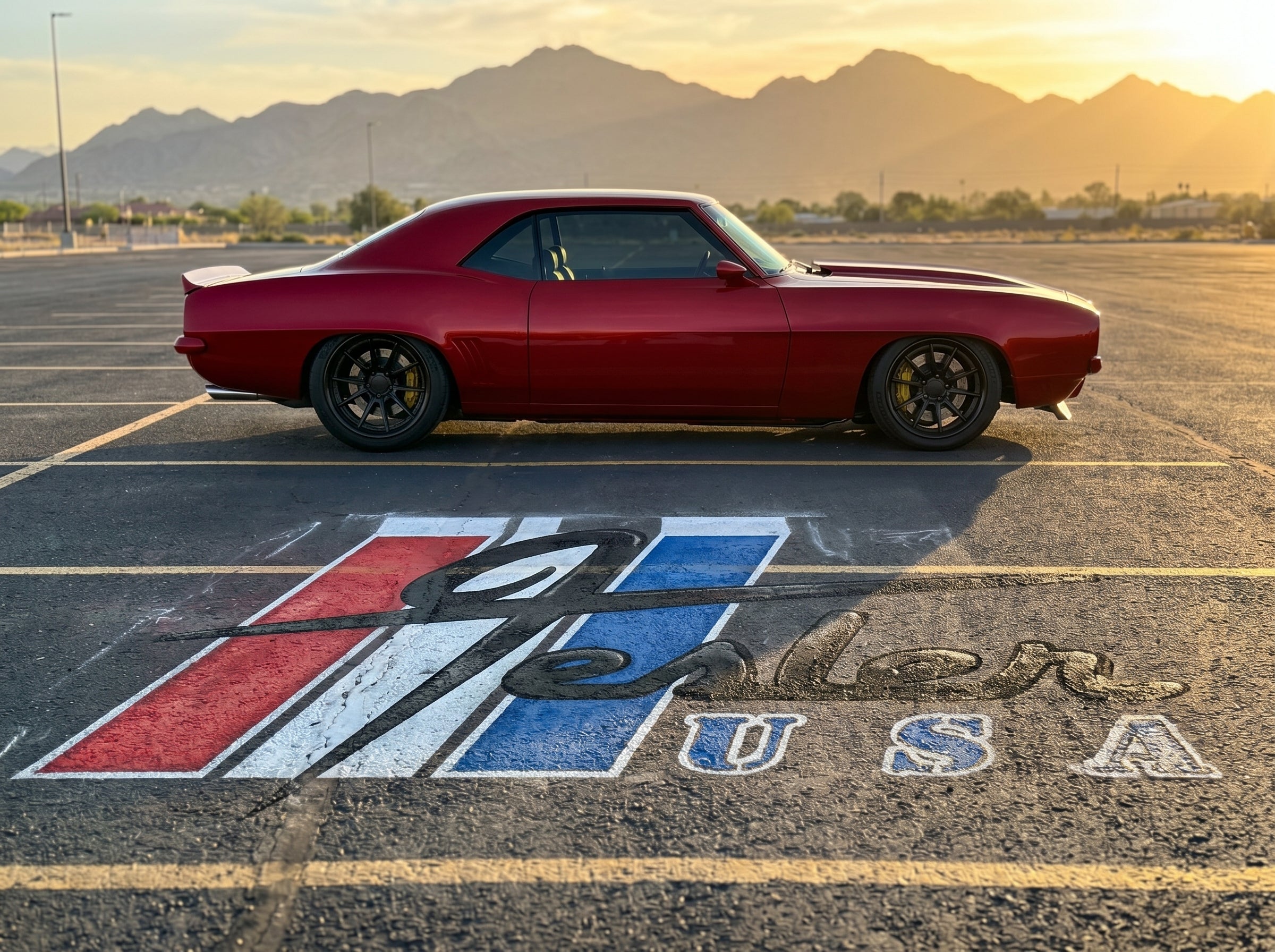 Slammed pro touring 1969 Chevrolet Camaro in Fesler red showing flush-mount DOT certified glass installation, parked in Phoenix at golden hour with the glass-to-body line continuous and uninterrupted.