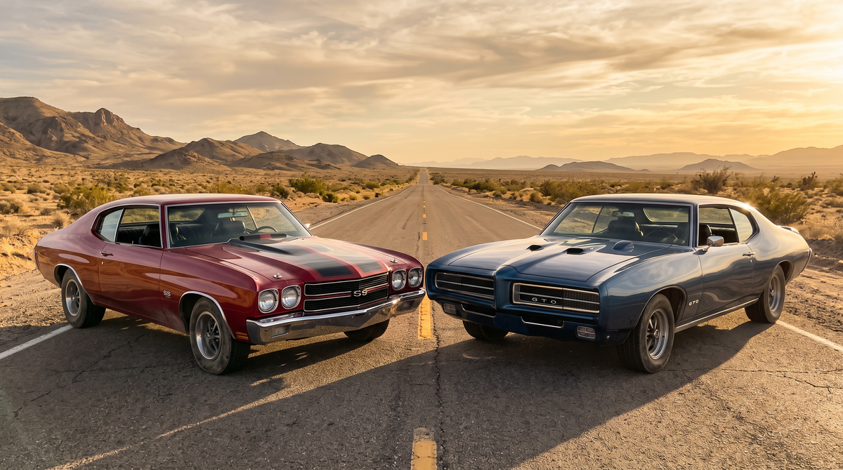 Red 1970 Chevelle SS and blue 1969 Pontiac GTO parked nose to nose on an empty desert highway at golden hour