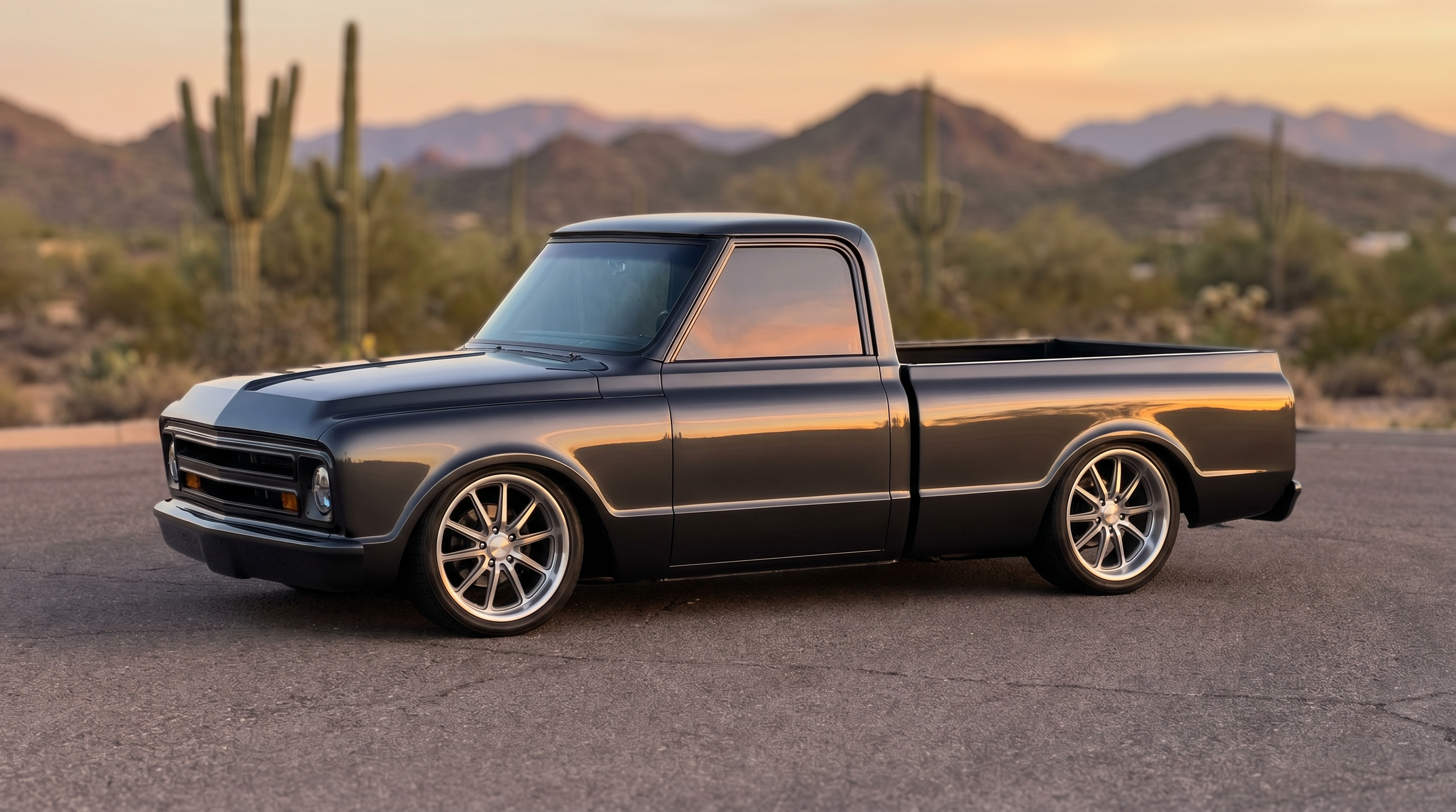 Lowered 1967 to 1972 Chevy C10 with one-piece door glass and shaved trim at a Phoenix desert overlook at golden hour