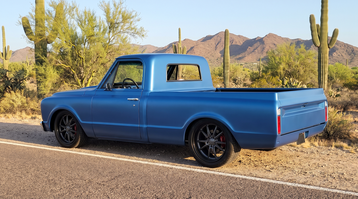 1967 Chevy C10 small back window cab, rear three quarter view in the Sonoran Desert