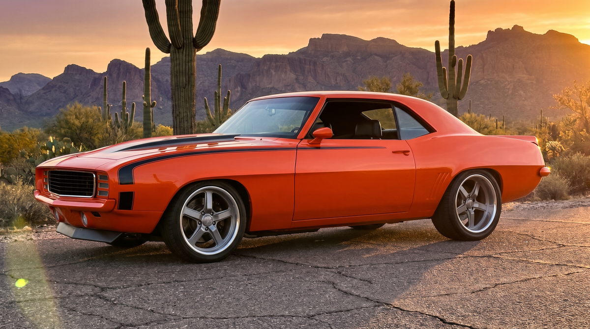 Hugger Orange 1969 Camaro with flush mount glass on an Arizona desert road at golden hour
