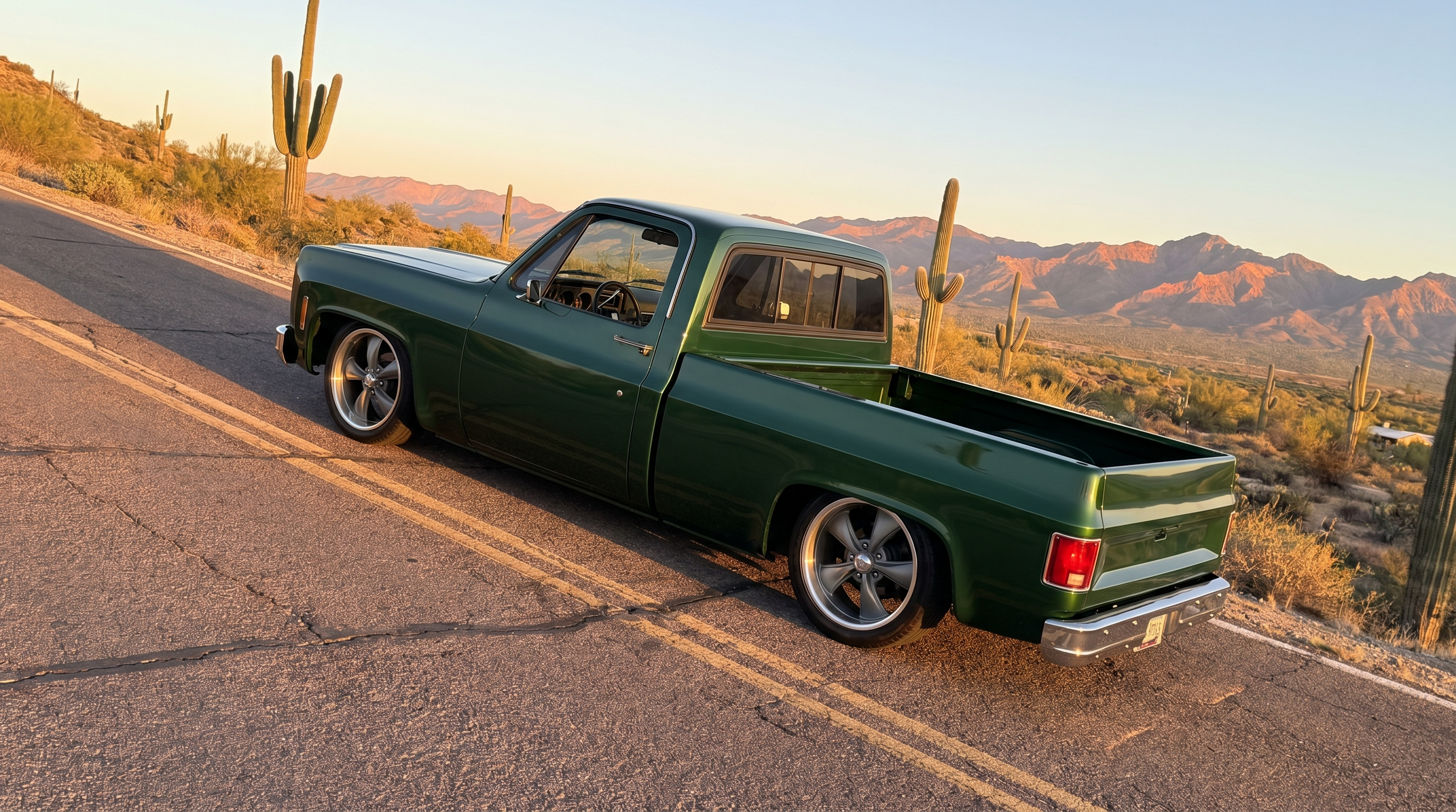 Pro-touring Squarebody Chevy truck parked on a steep desert grade outside Phoenix at golden hour
