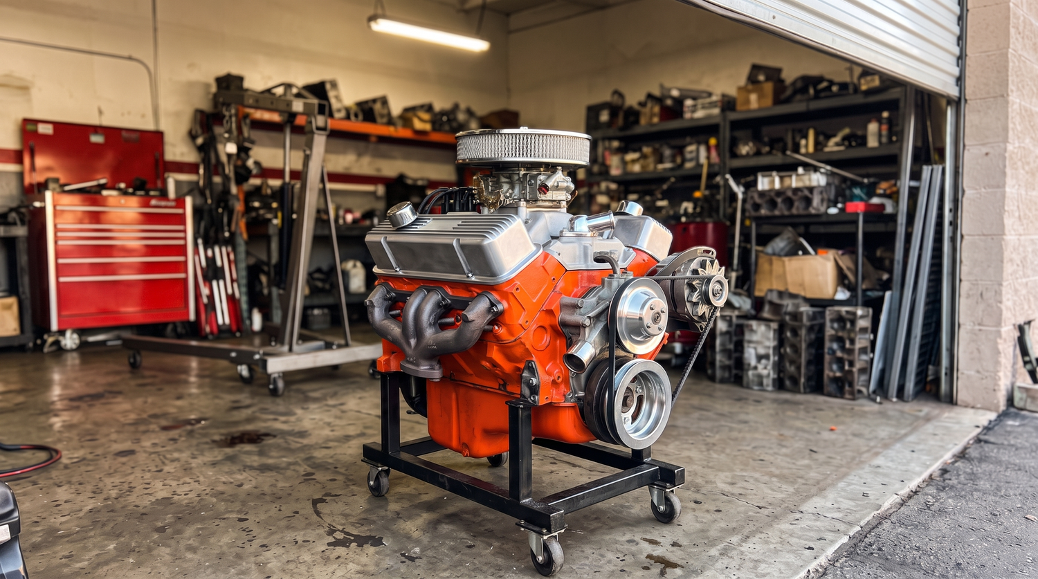 A freshly rebuilt Chevrolet big block V8 painted Chevrolet engine orange on a rolling engine stand in a working machine shop