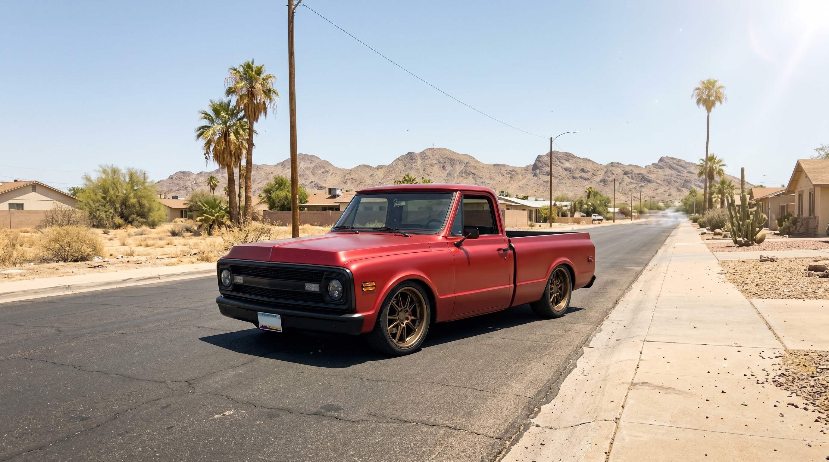 Lowered pro-touring classic truck parked on a sun-baked Phoenix street in harsh midday summer light with heat shimmer and desert mountains behind it