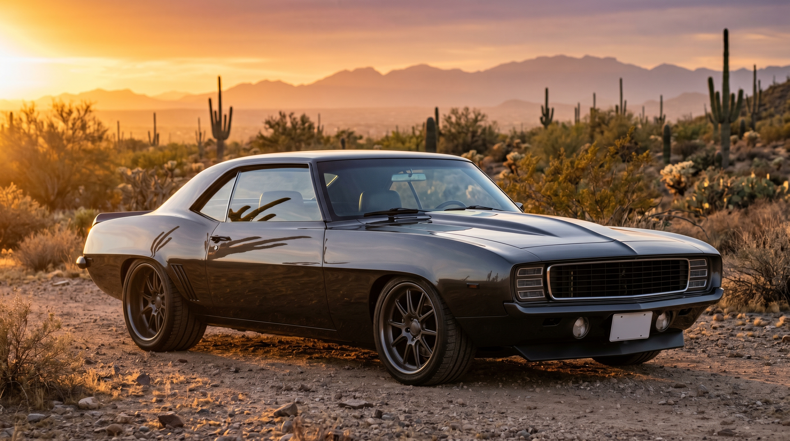 First-generation 1969 Camaro in pro-touring stance on forged wheels, three-quarter front angle catching a clean reflection across the flush-mounted windshield in warm Phoenix golden-hour light