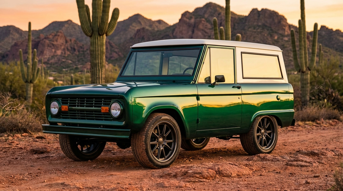 Early Ford Bronco restomod with flush-mount windshield glass parked in the Arizona desert at golden hour