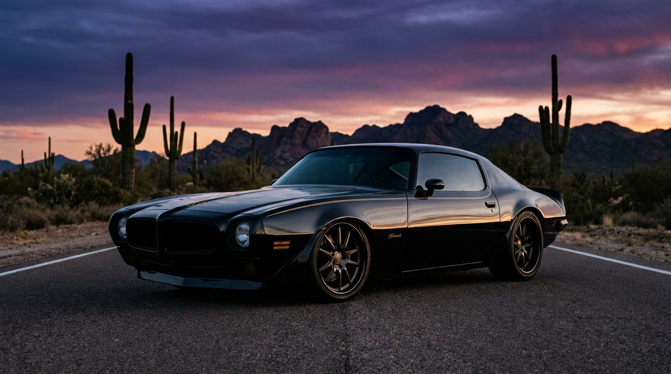 Black and gold second-generation Pontiac Firebird with flush-mount glass on a desert highway at dusk near Phoenix
