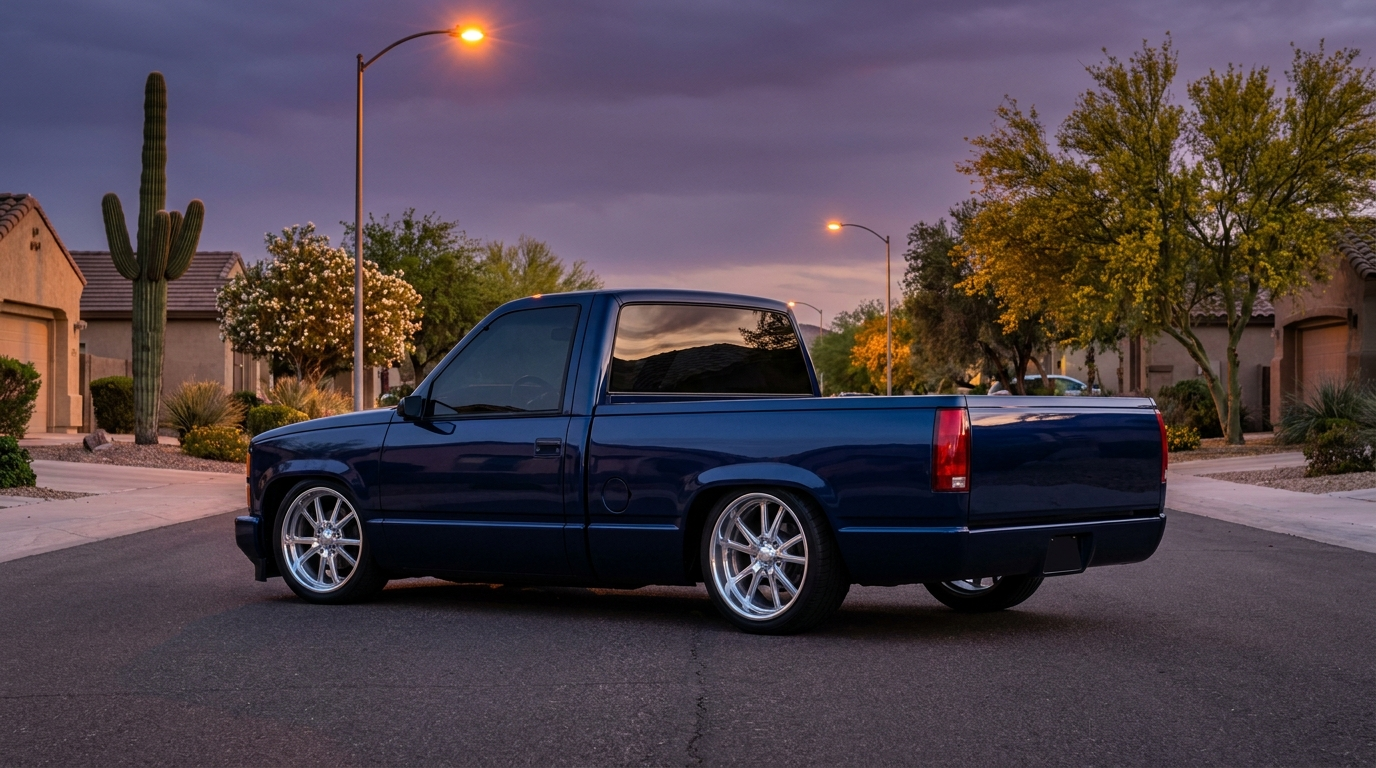 Lowered navy blue OBS Chevy single cab short bed truck on a Phoenix street at dusk