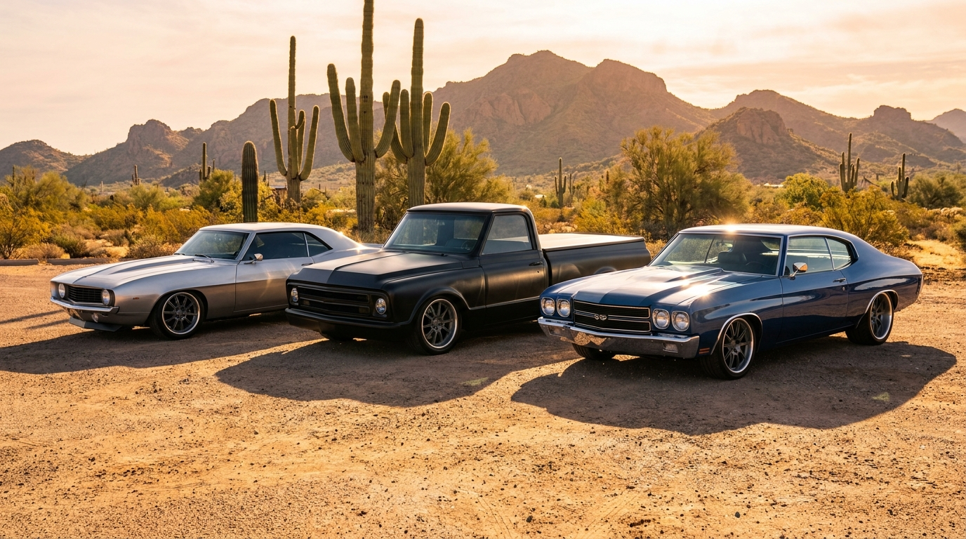 Lineup of pro-touring Camaro, C10 truck, and Chevelle with flush-mount glass in the Arizona desert at sunrise