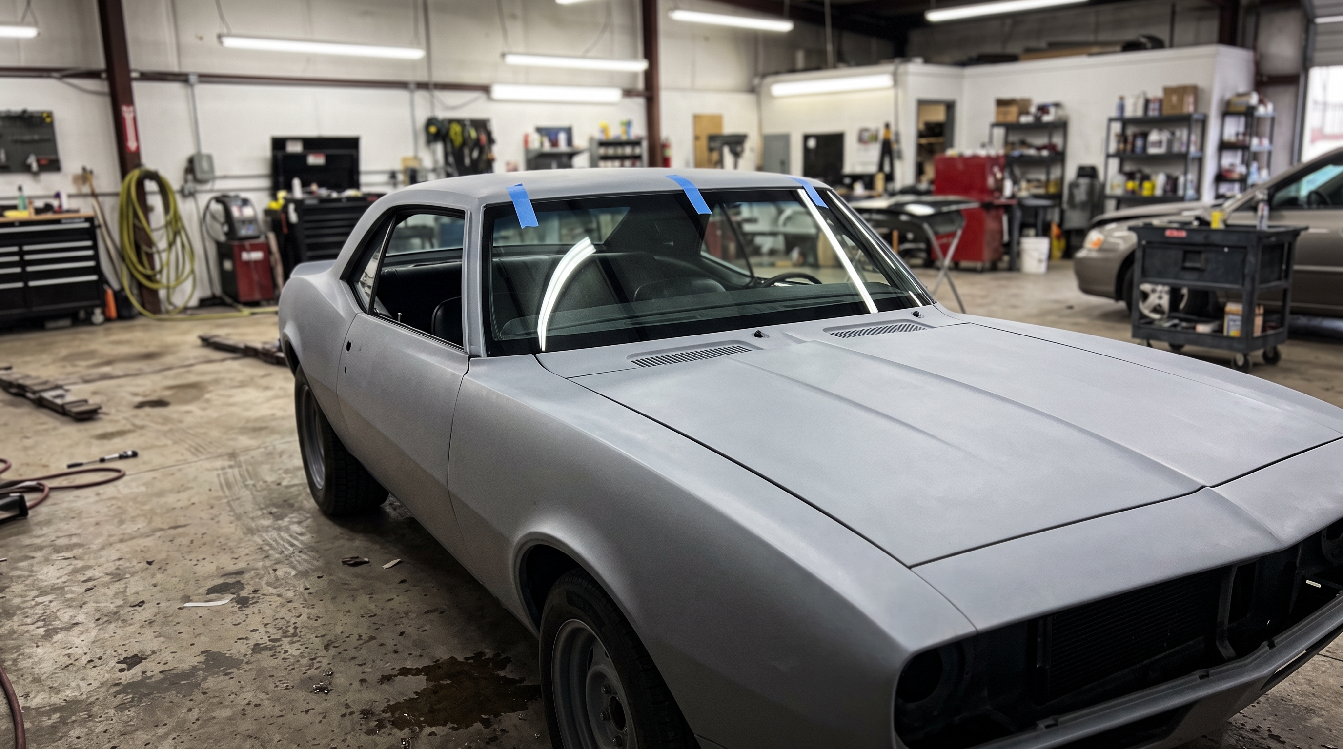 Classic muscle car in primer inside a restoration shop with blue painter tape around a freshly set flush-mount windshield