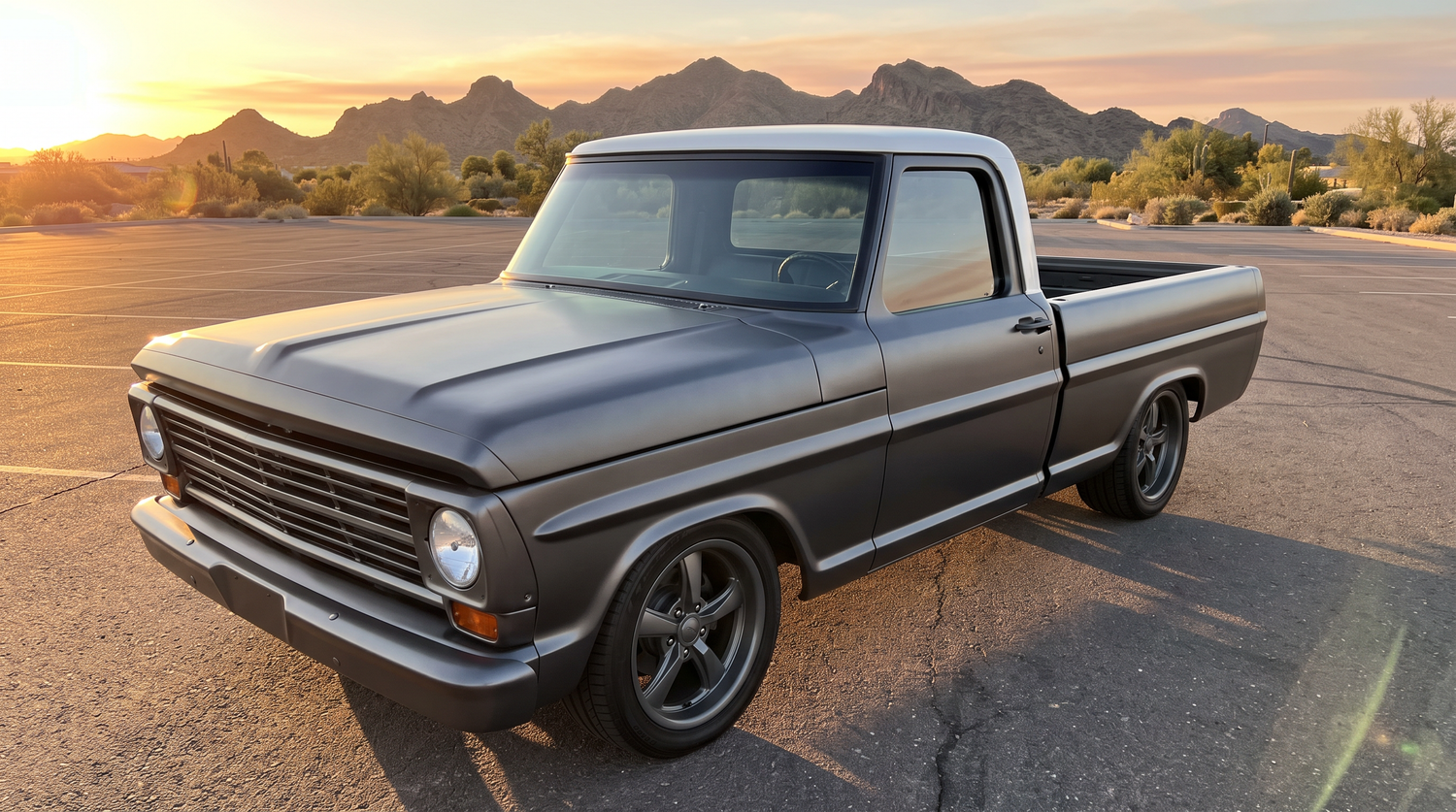 Restomod 1967-1972 Ford F-100 bumpside pickup at golden hour in Arizona with a trimless flush-mount windshield