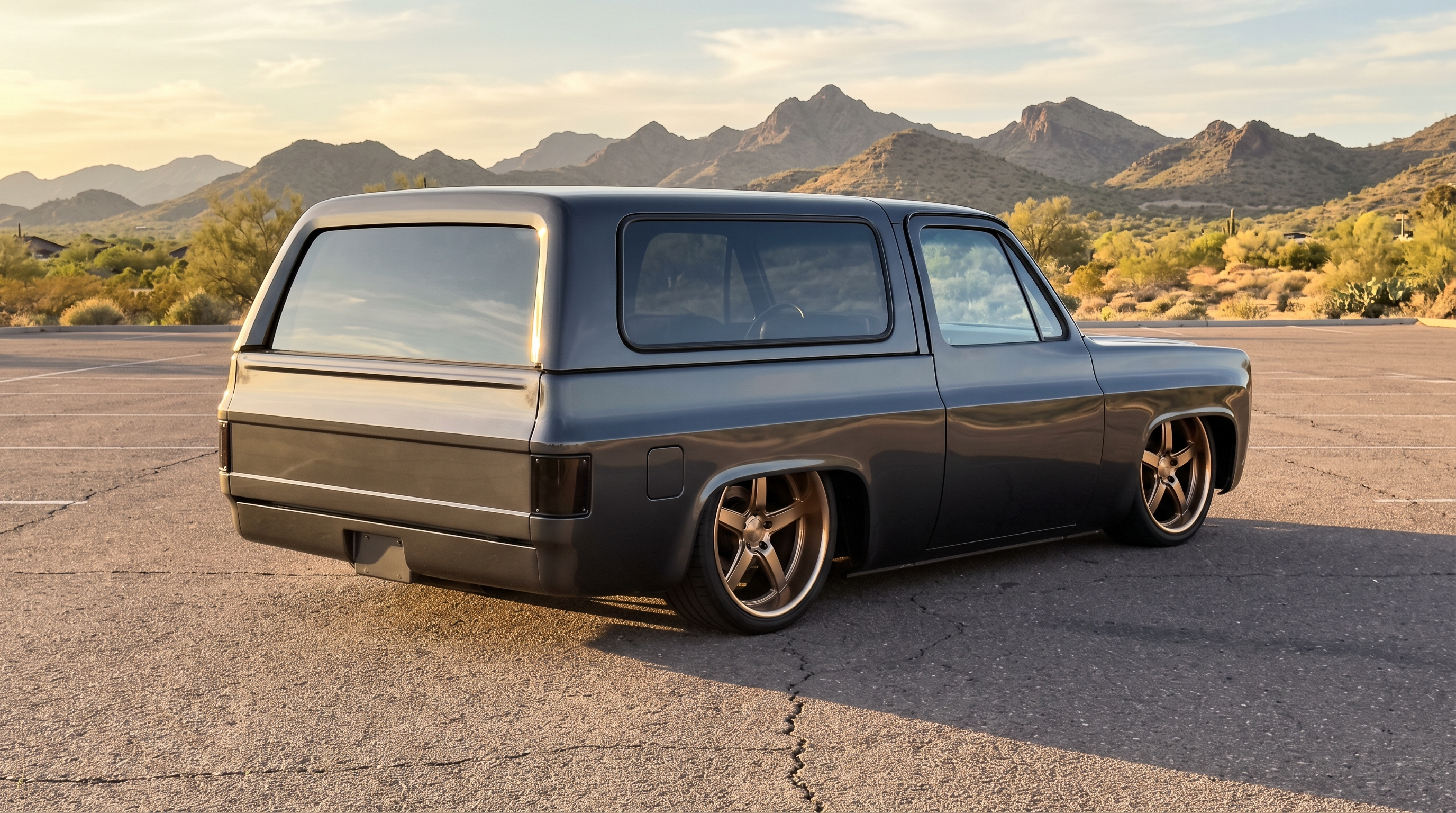 Air ride squarebody K5 Blazer laid out on the pavement in Arizona with trimless flush-mount bonded glass and no rubber gaskets or chrome moldings