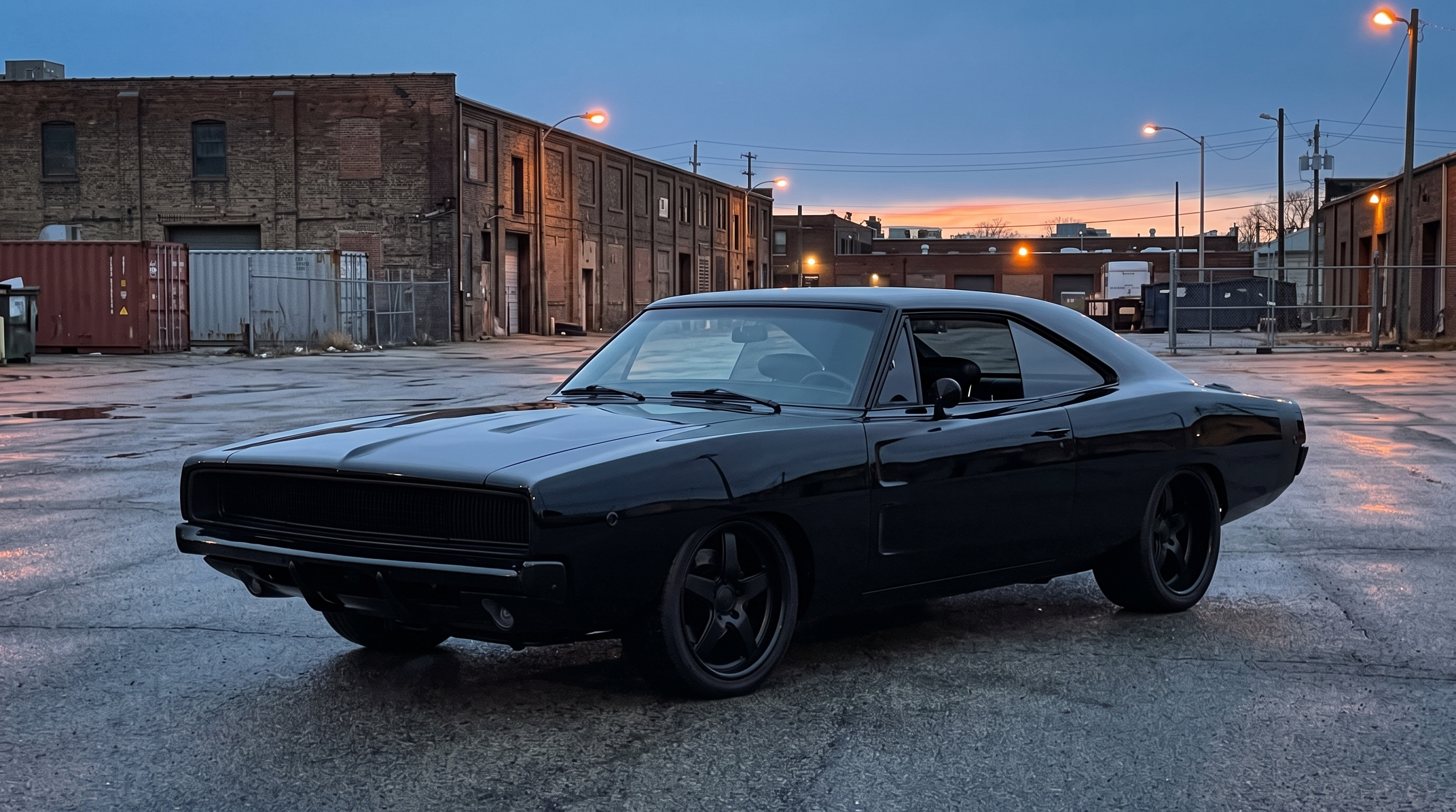 Blacked out second generation Dodge Charger style fastback restomod at dusk in an industrial lot with flush-mount glass