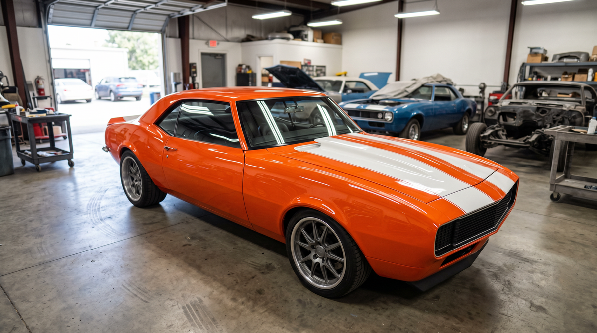 Orange first generation Camaro restomod with white stripes in a restoration shop alongside another first-gen Camaro and a bare shell