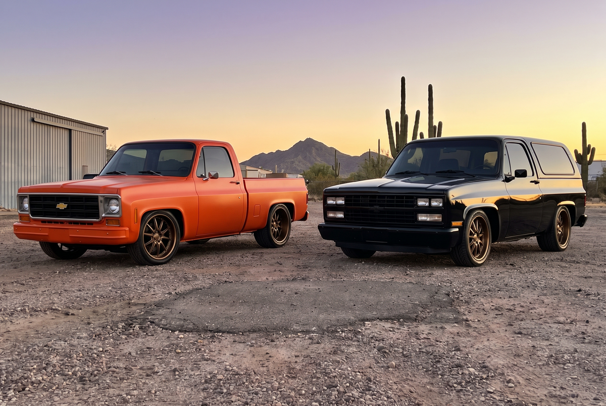 Pro touring 1970s Chevy C10 Squarebody pickup beside a late 1980s K5 Blazer with the same body at a Phoenix shop at sunset