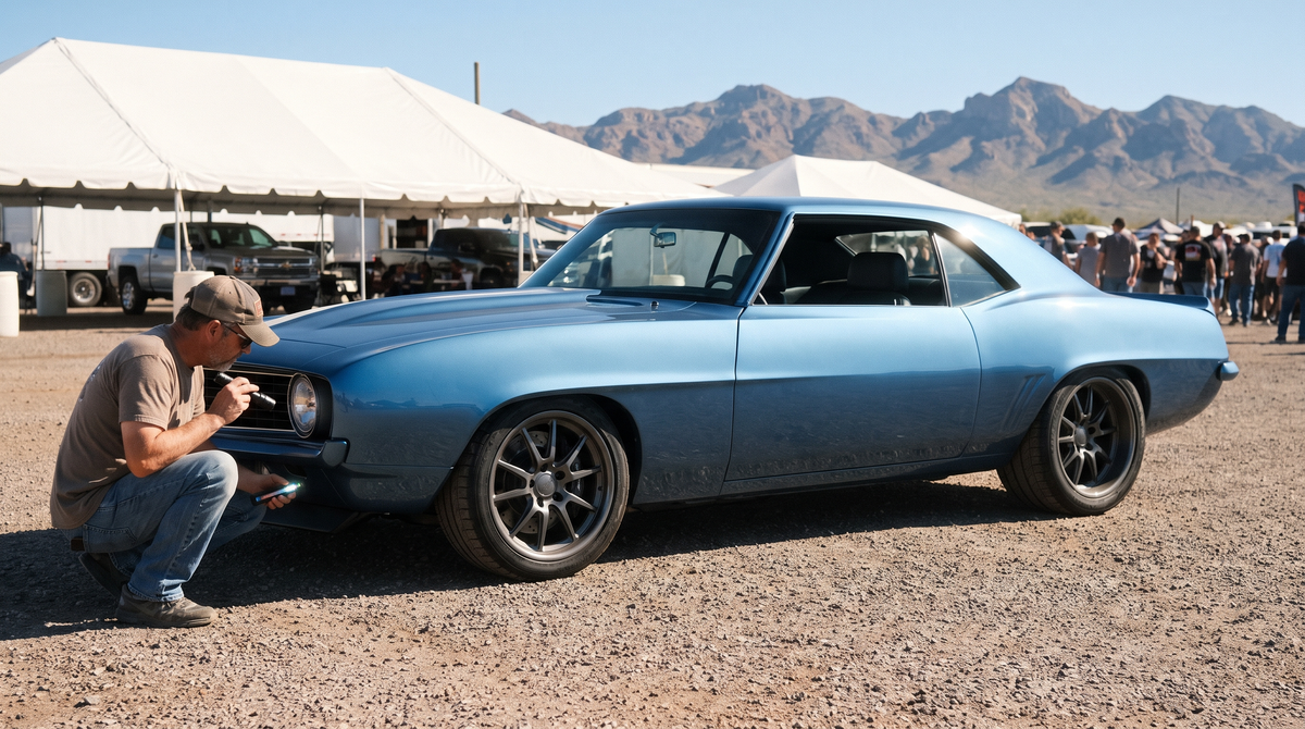 Blue restomod Camaro with flush glass on an auction preview lot while a buyer inspects the front end with a flashlight