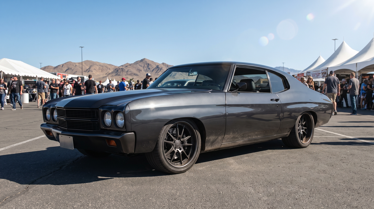 Gray pro-touring Chevelle hardtop with flush-mount glass parked in a sunny show lot with a blurred crowd behind it