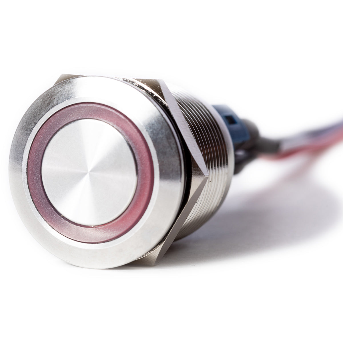 E-Stopp 22 mm silver billet push button with red LED close up