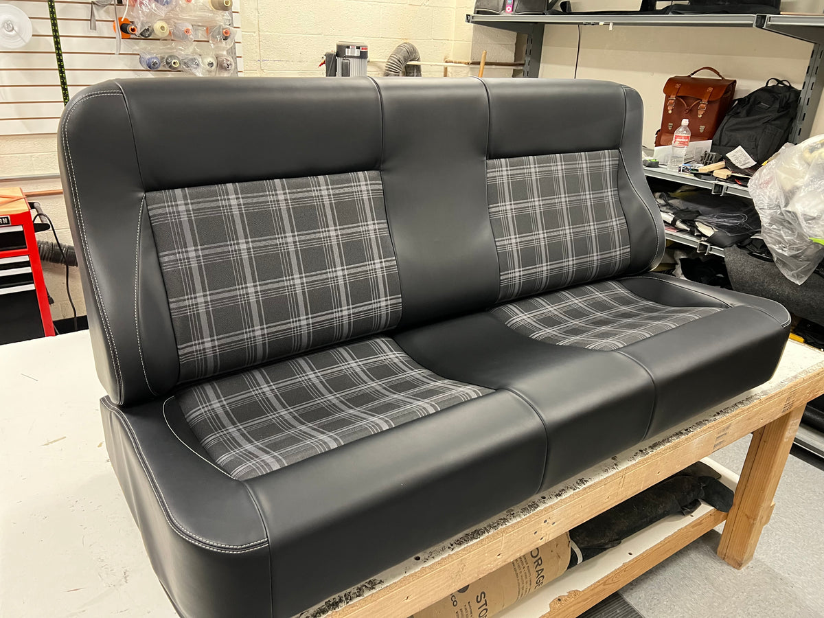Fesler custom bench seat Style A for Squarebody C10 hand-built in Phoenix Arizona leather upholstery