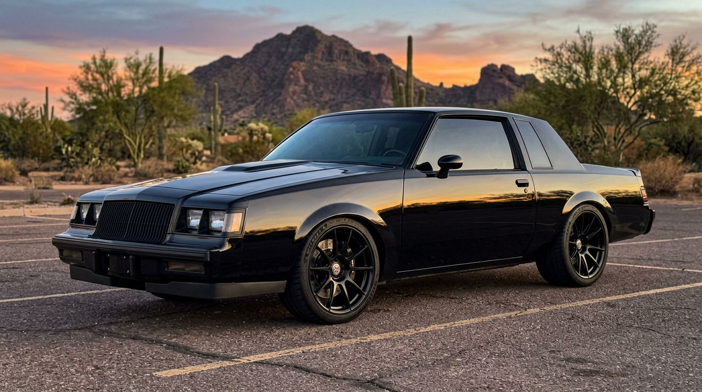 Black 1987 Buick Grand National with Fesler flush-mount trimless glass, no chrome reveal and no rubber gasket, Phoenix Arizona desert at dusk